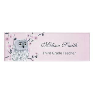 Badge D'identification Cute Owl Cherry Blossoms Enseignant