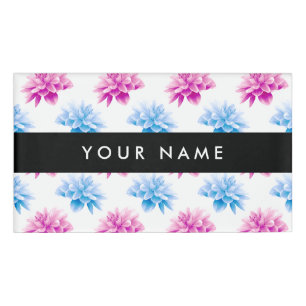 Badge D'identification Dahlia rose et bleu, motif floral, votre nom