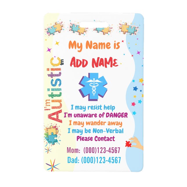 Badge d'identification d'alerte pour l'autisme non (Autism Alert Nonverbal Autistic ID Badge)