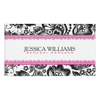 Badge D'identification Damas noir et blanc Accents dentelle rose