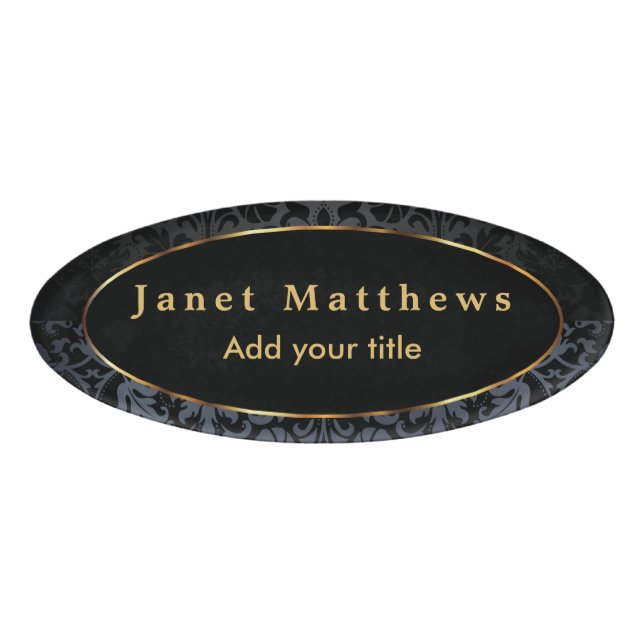 Badge D'identification Damas noir et gris avec finition or (Devant)