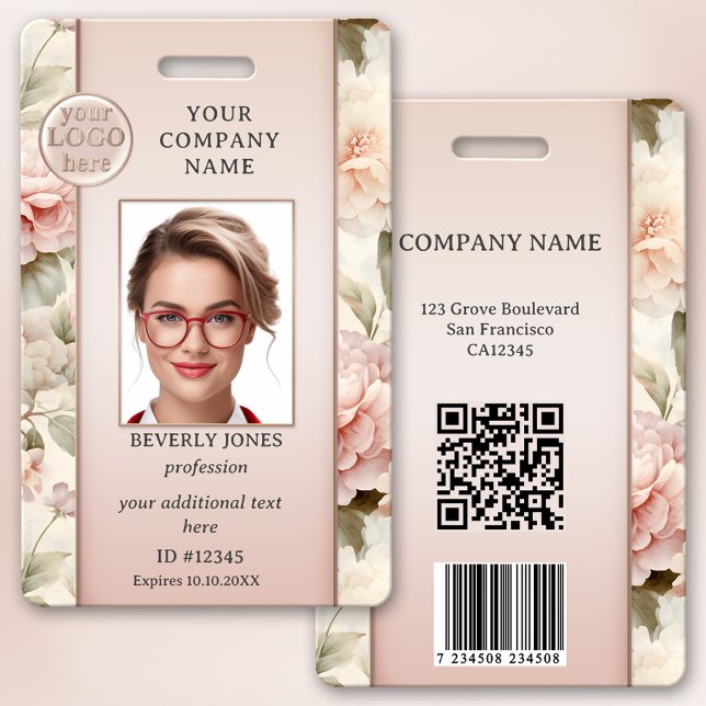 Badge d'identification de photo de style féminin r (Girly chic professional photo ID badge with your custom photo and logo on a floral pink background)