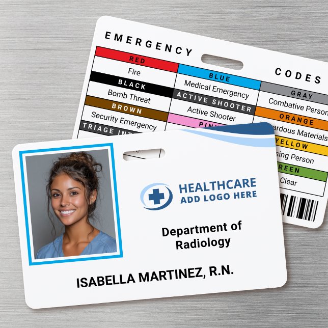 Badge d'identification de photo d'infirmière de l' (Double-sided photo ID badge with custom emergency codes)