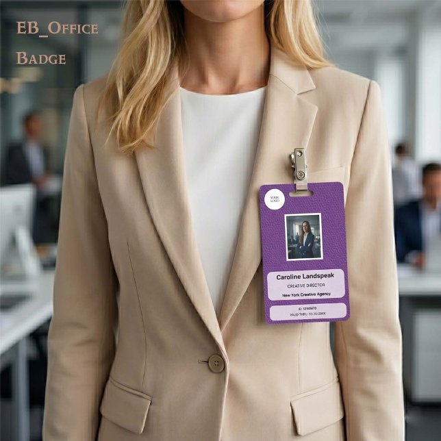 Badge d'identification de photo en cuir violet roy (Chic Royal Purple Leather Custom Logo Photo ID Vertical Badge. Size: 2.13” x 3.38”)