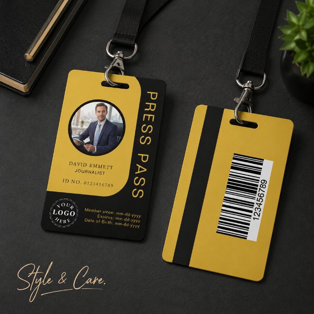 Badge d'identification de presse en média noir et  (Professional Black Gold Media Press Pass ID Badge)
