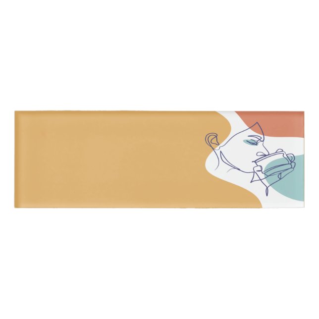 Badge D'identification dessin d'art affiche d'une femme buvant du café (Devant)