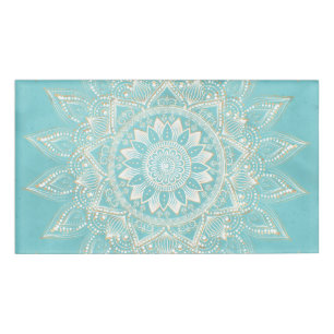 Badge D'identification Elégant Blanc Gold Mandala Sky Blue Design