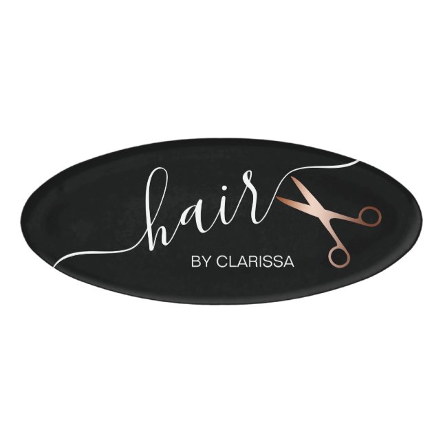 Badge D'identification Elégant ciseaux d'or rose moderne coiffeur (Devant)