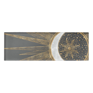 Badge D'identification Elegant Gold Doodles Sun Moon Mandala Design