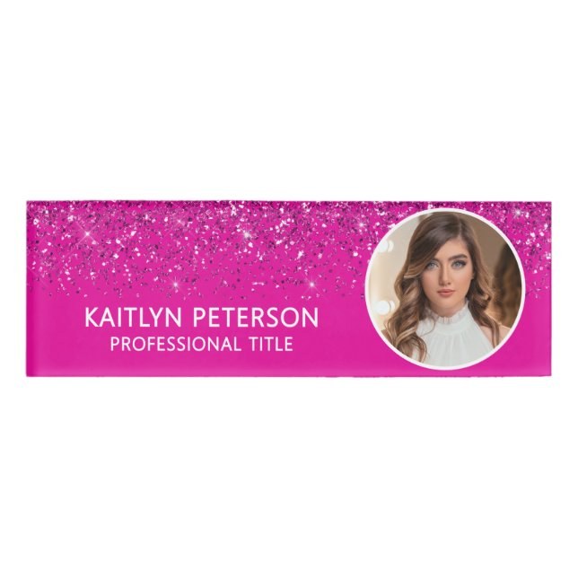 Badge D'identification Elegant Hot Pink Glitter Employee Photo ID (Devant)