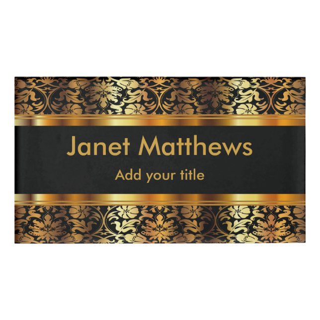 Badge D'identification Élégant noir et or floral Damask (Devant)