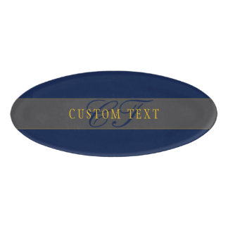 Badge D'identification Élégant Script Monogram Dark Navy Blue Grey & Gold