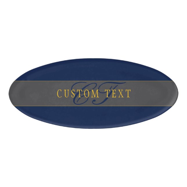 Badge D'identification Élégant Script Monogram Dark Navy Blue Grey & Gold (Devant)
