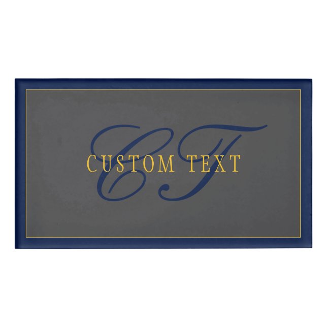 Badge D'identification Élégant Script Monogram Dark Navy Blue Grey & Gold (Devant)