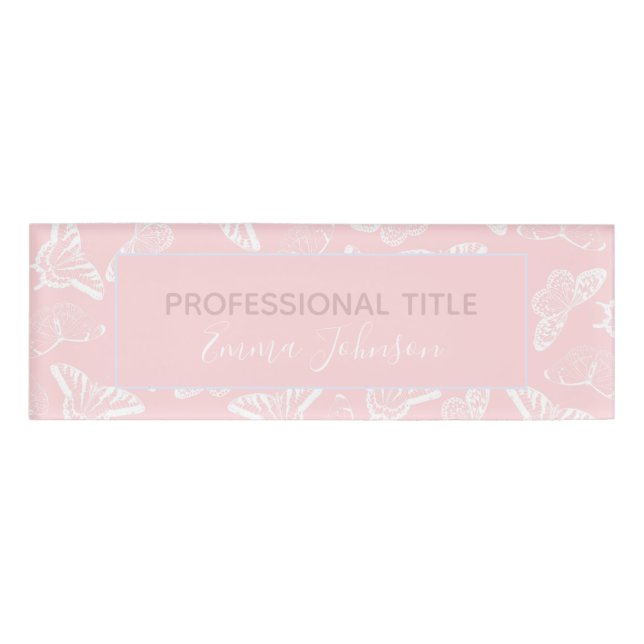 Badge D'identification Elegant White Butterflies Rose Design (Devant)