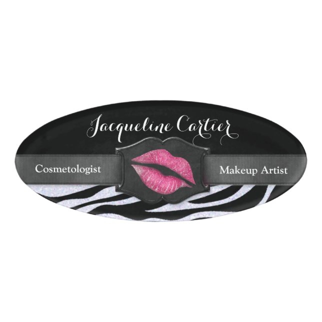 Badge D'identification Elégante Parties scintillant blanche Zèbre Kiss Ov (Devant)