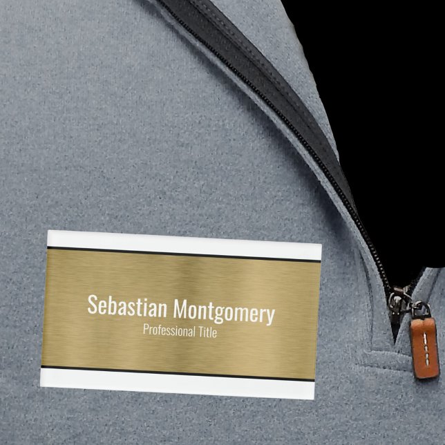 Badge D'identification Faux Metallic Professional Brossé Gold Texte noir (gold and white trim magnetic back name tag)