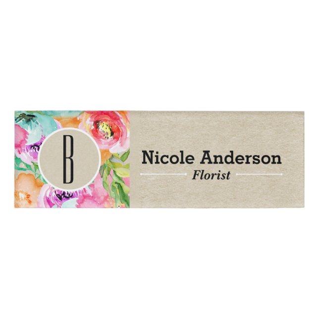 Badge D'identification Fleur botanique rustique moderne couleur kraft (Devant)