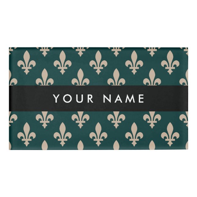 Badge D'identification Fleur de Lis, Beige sur Vert, Royal, Votre Nom (Devant)