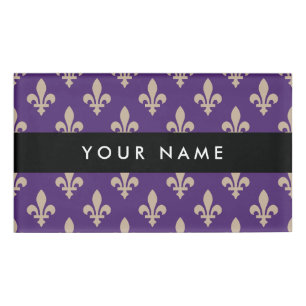 Badge D'identification Fleur de Lis, Beige sur Violet, Royal, Votre Nom