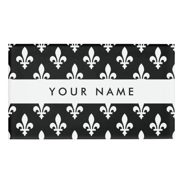 Badge D'identification Fleur de Lis, Blanc sur Noir, Blanc, Votre Nom (Devant)
