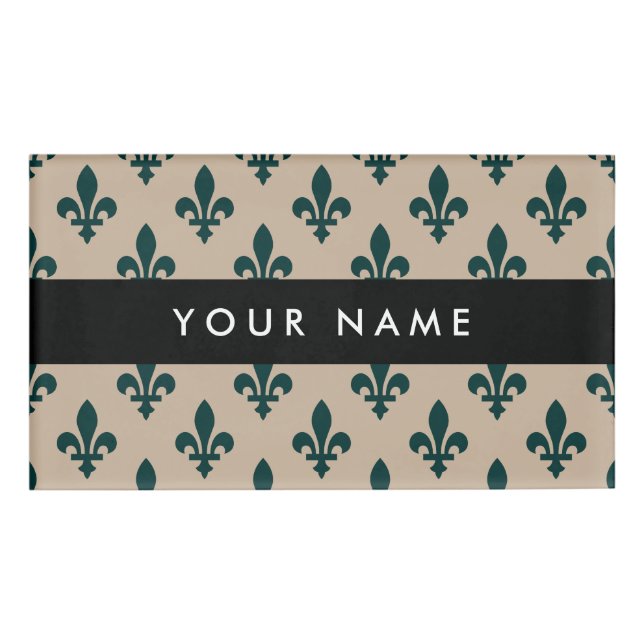 Badge D'identification Fleur de Lis Motif, Français, Royal, Vert (Devant)