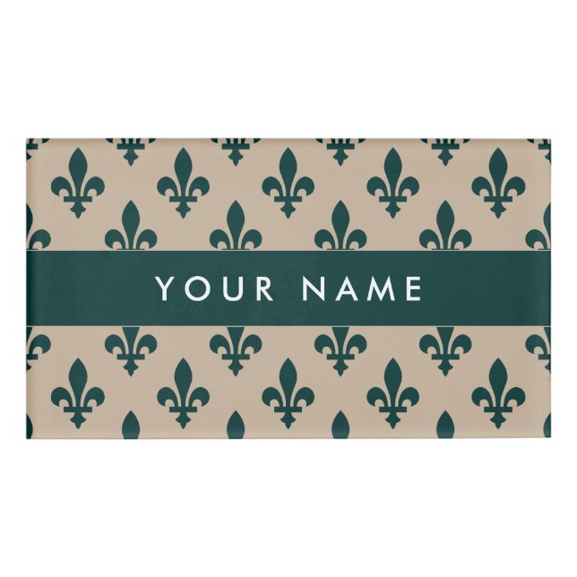Badge D'identification Fleur de Lis Motif, Français, Royal, Vert (Devant)