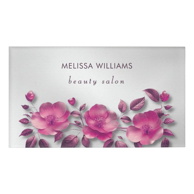 Badge D'identification Fleur Métallique Rose Brillante Argent (Devant)