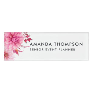 Badge D'identification Fleurs aquarelles bordeaux et rose tendre