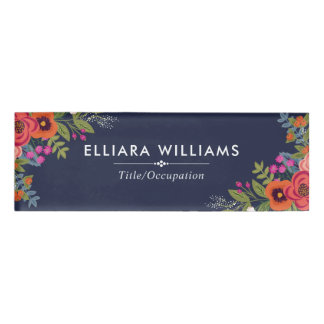Badge D'identification Fleurs Boho - Marine Bleu & Blanc