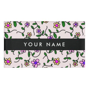 Badge D'identification Fleurs Colorées, Fond Rose, Noir