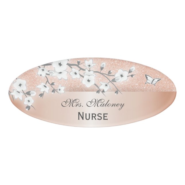 Badge D'identification Floral Fleurs cerises Rose Parties scintillant or  (Devant)