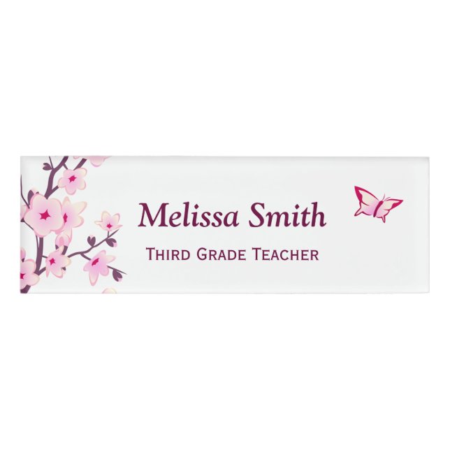 Badge D'identification Floral Fleurs de cerisiers Enseignant rose blanc (Devant)