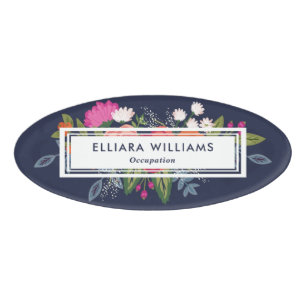 Badge D'identification Flore rose et blanc bleu marine