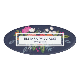 Badge D'identification Flore rose et blanc bleu marine