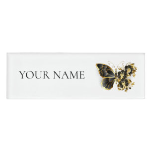 Badge D'identification Gold flower Butterfly with Black Orchid
