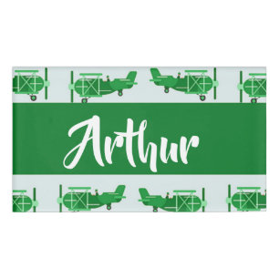 Badge D'identification Green flying airplanes on blue