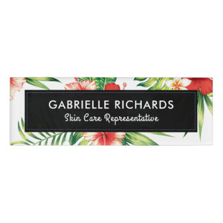 Badge D'identification Hibiscus tropicaux rouge et rose et feuilles verte