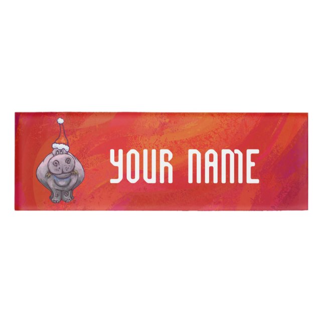 Badge D'identification Hippo mignon à Santa Hat en rouge (Devant)