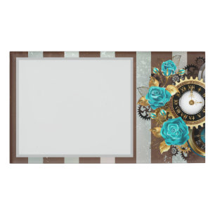 Badge D'identification Horloge à vapeur et Roses turquoise sur le sol