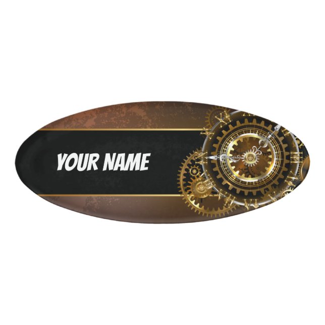 Badge D'identification Horloge Steampunk avec des engrenages anciens (Devant)