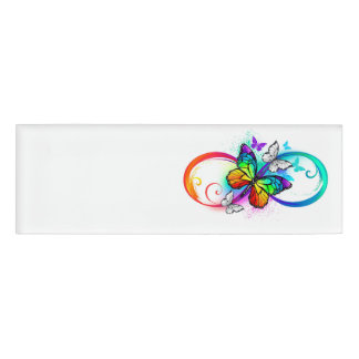 Badge D'identification Infini lumineux avec papillon arc-en-ciel
