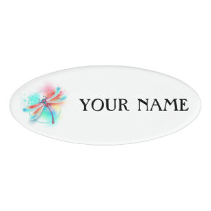 Badge D'identification Libellule rouge sur fond aquarelle