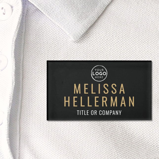 Badge D'identification Logo de l'entreprise pliable noir moderne (Black Gold Minimalist Logo Employee Name Tag)