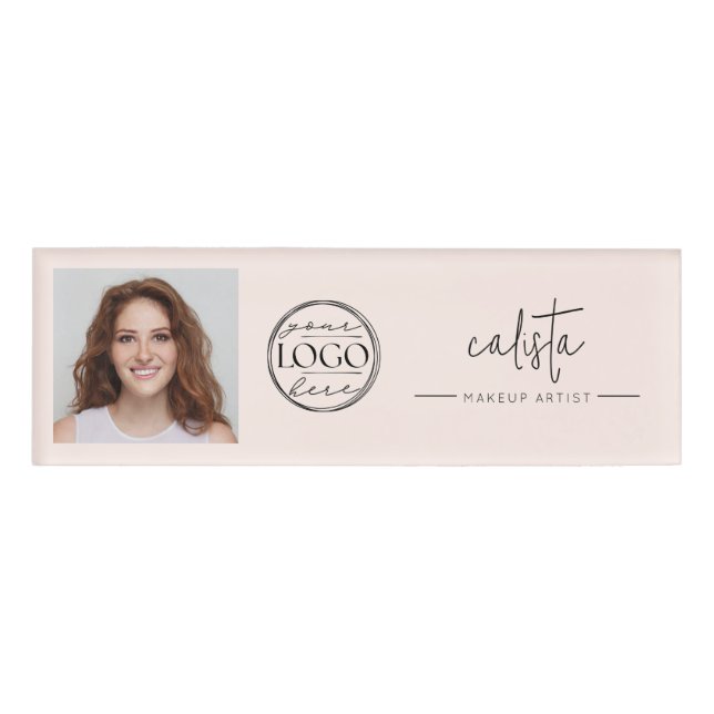 Badge D'identification Logo de script rose blush photo maquillage (Devant)