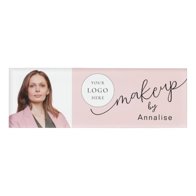 Badge D'identification Logo de script rose poudré Photo Maquillage (Devant)