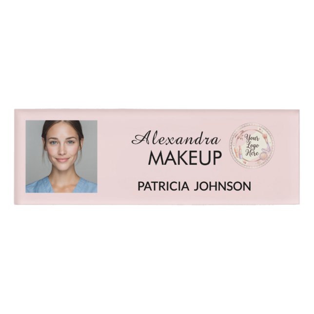 Badge D'identification Logo de script rose poudré Photo Maquillage (Devant)