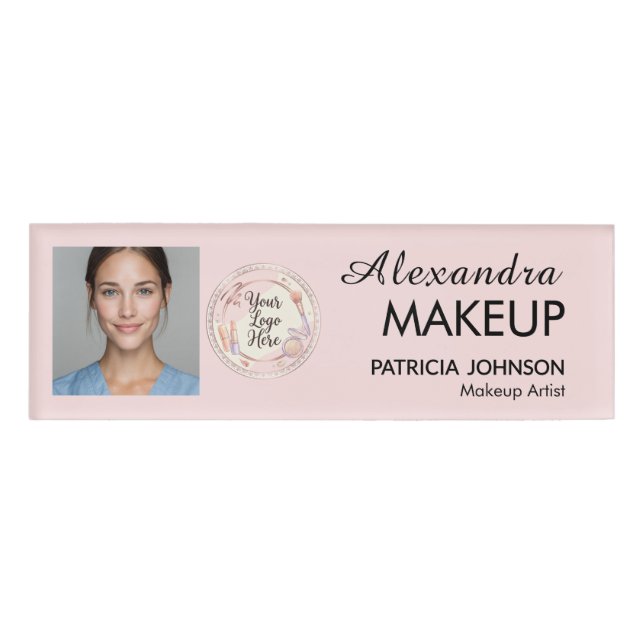 Badge D'identification Logo de script rose poudré Photo Maquillage (Devant)