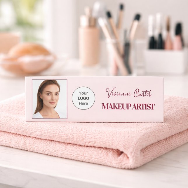 Badge D'identification Logo de script rose rouge Photo Maquillage (Makeup Artist Employee Name Tag with Photo)
