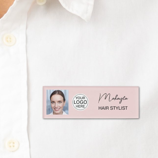 Badge D'identification Logo de stylet d'écriture rose Blush Photo Coiffeu (Créateur téléchargé)